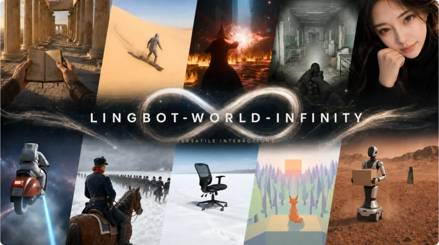 LingBot-World 2.0 teaser showing diverse interactive worlds